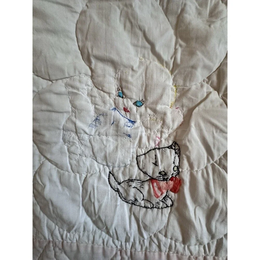 Vintage Handmade Baby Quilt – Embroidered Nursery Animals Pink 52 X 42